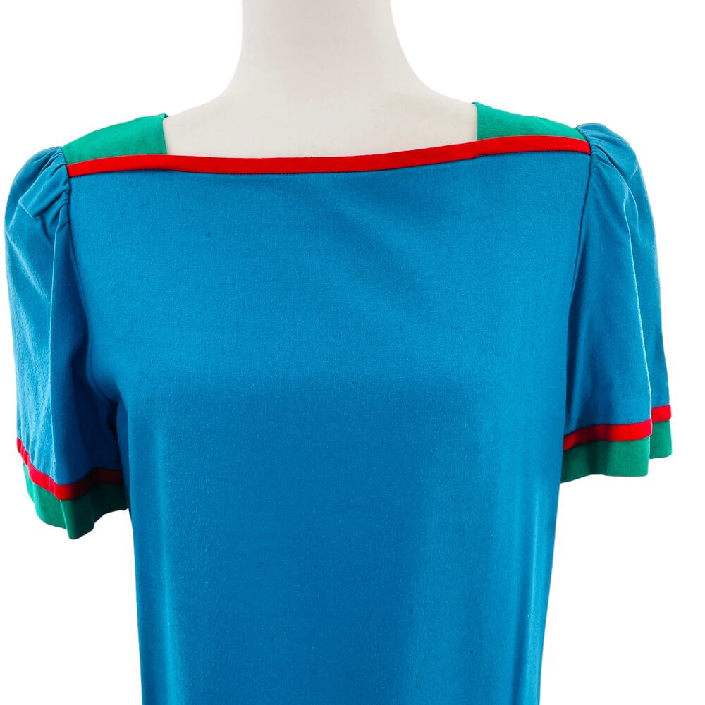 Vintage 90s Sasson Blue Green Silk Colorblock Drop Waist Shift Dress Women M/L - Picture 5 of 8